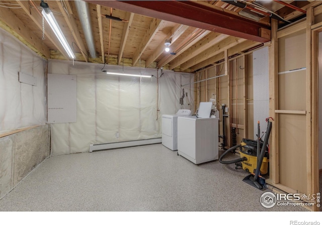 2425 Waneka Lake Trl, Lafayette, CO 80026 - unfinished below grade area featuring washer and dryer and baseboard heating