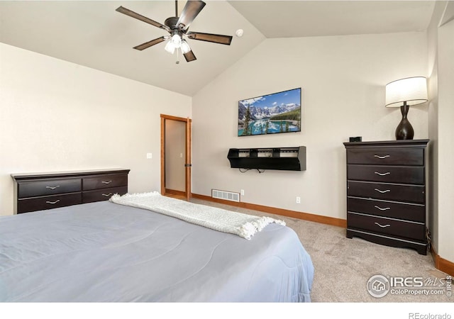 bedroom featuring carpet, lofted ceiling, visible vents, ceiling fan, and baseboards