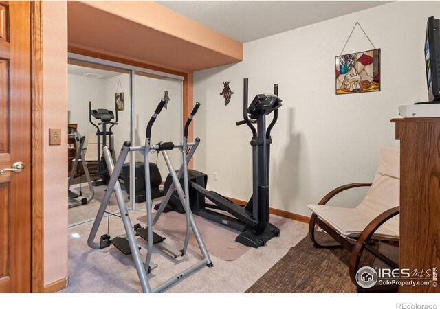 workout room featuring baseboards and light colored carpet