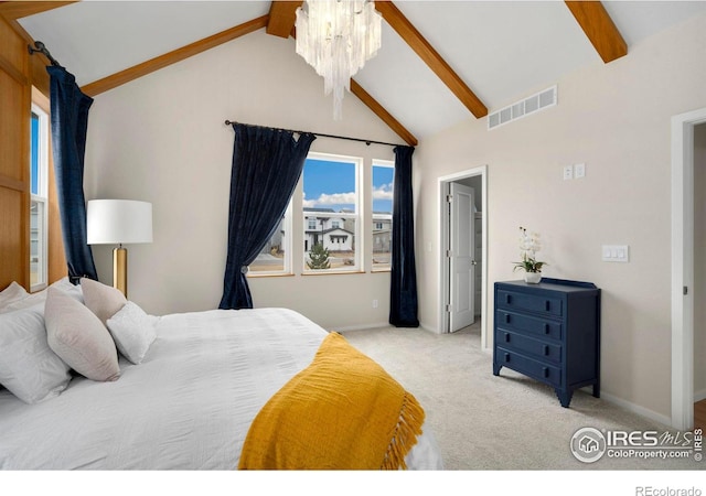 bedroom featuring a chandelier, carpet floors, beam ceiling, and visible vents