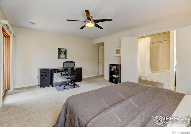 bedroom with a ceiling fan, carpet, visible vents, and baseboards