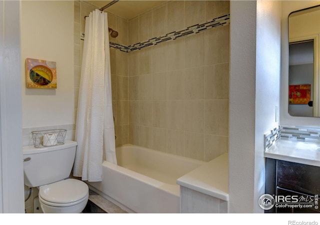 bathroom with toilet and shower / bath combination with curtain