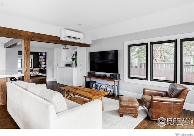 living room featuring dark wood-style floors, an AC wall unit, vaulted ceiling, and baseboards