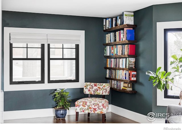 living area featuring baseboards