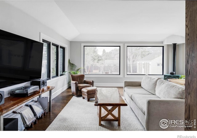 living area featuring a wood stove, baseboards, and wood finished floors