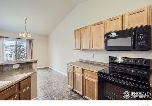 kitchen featuring baseboards, light brown cabinetry, black appliances, vaulted ceiling, and pendant lighting