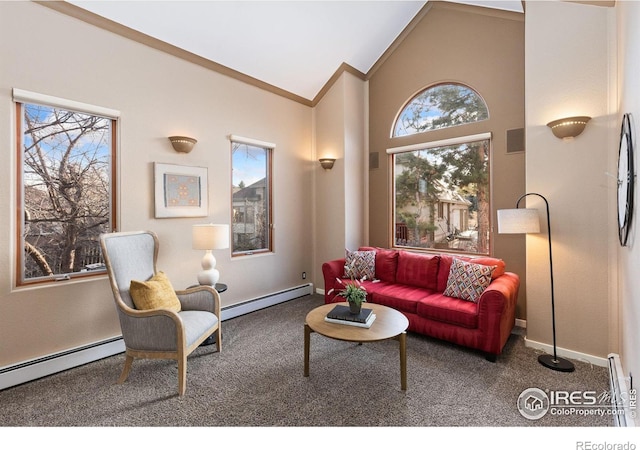 carpeted living area with a baseboard heating unit, high vaulted ceiling, ornamental molding, and baseboards