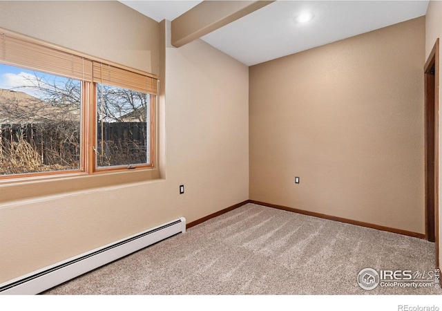 carpeted empty room with a baseboard radiator, baseboards, and beam ceiling