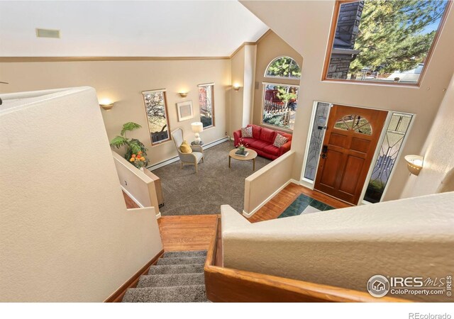 carpeted foyer entrance featuring stairway, baseboards, and wood finished floors