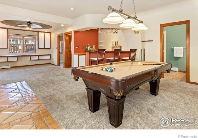 recreation room with baseboards, a ceiling fan, baseboard heating, carpet flooring, and recessed lighting