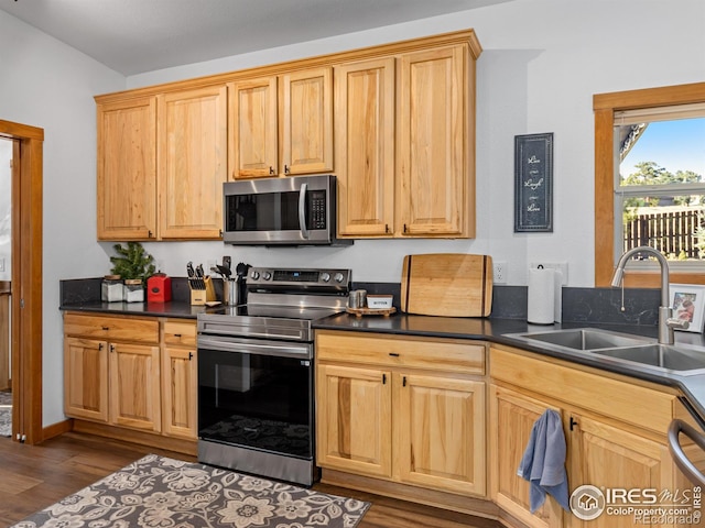 kitchen featuring stainless steel appliances, dark countertops, a sink, and dark wood finished floors