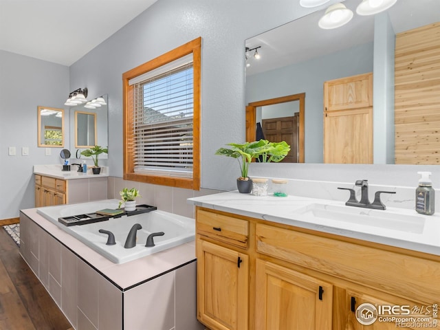 full bathroom with a garden tub, wood finished floors, and vanity