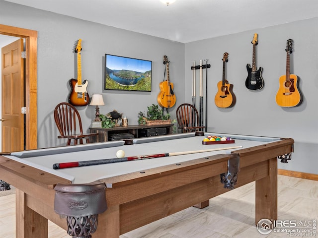 rec room featuring marble finish floor, baseboards, and pool table