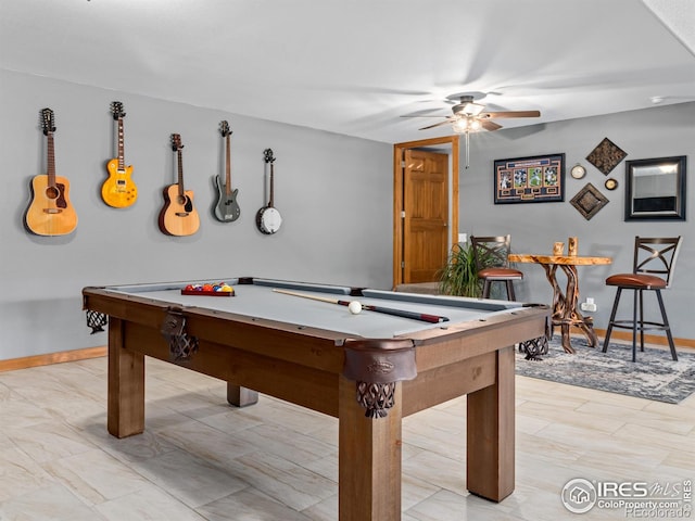 rec room with ceiling fan, pool table, and baseboards