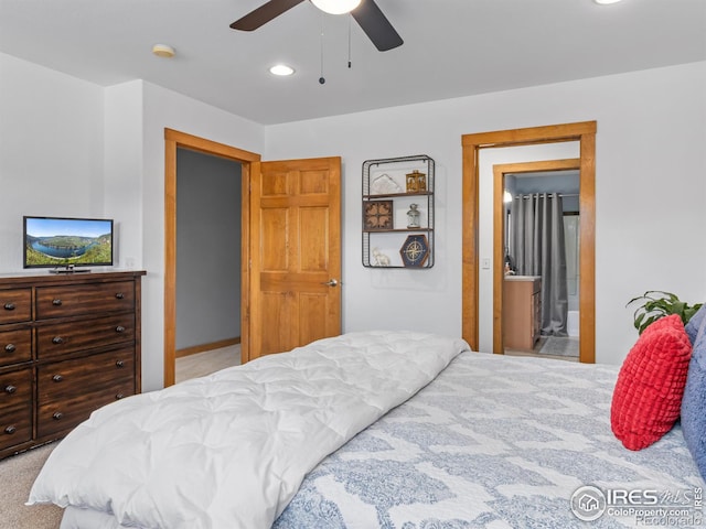 bedroom featuring carpet floors, a ceiling fan, and recessed lighting