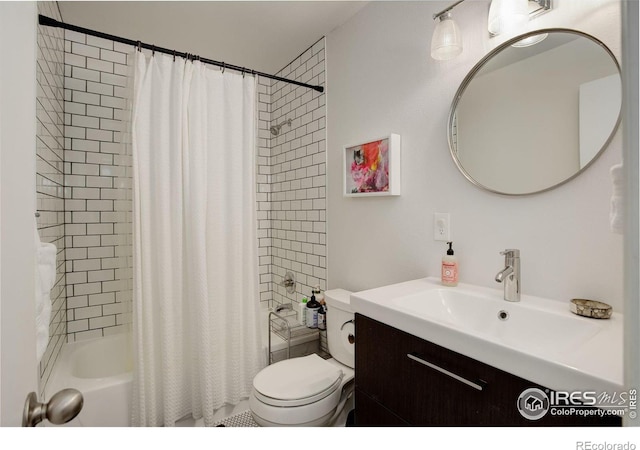 bathroom featuring toilet, shower / bathtub combination with curtain, and vanity