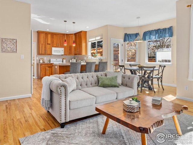 living room featuring baseboards, light wood-style flooring, and a healthy amount of sunlight