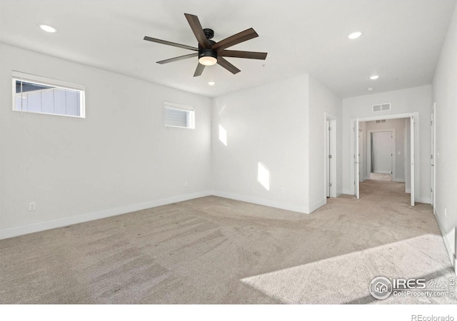 spare room with recessed lighting, visible vents, carpet flooring, and ceiling fan