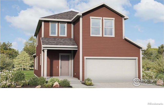 traditional-style house featuring roof with shingles, driveway, and an attached garage