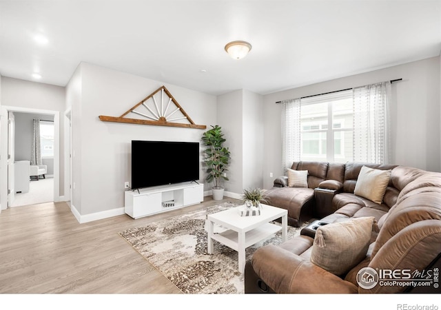 living area featuring baseboards and wood finished floors