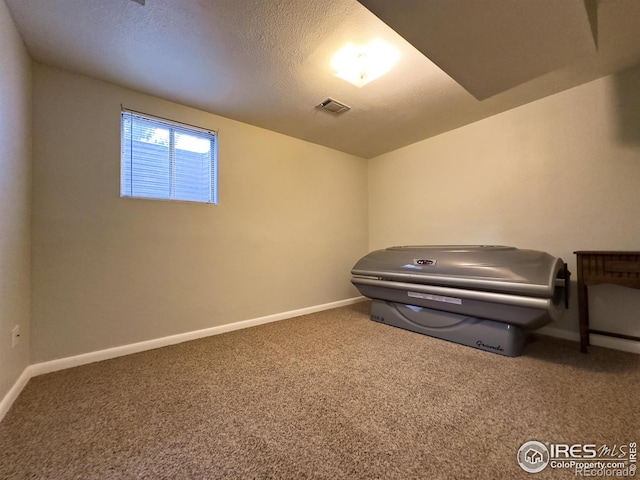 interior space with carpet, visible vents, a textured ceiling, and baseboards