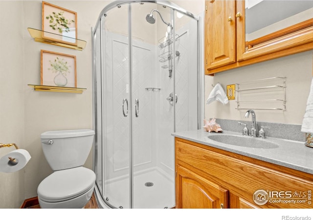 full bathroom featuring a stall shower, vanity, and toilet