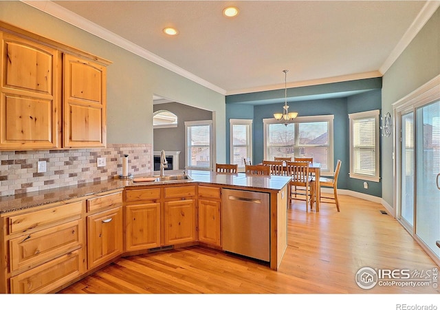 kitchen with crown molding, decorative backsplash, stainless steel dishwasher, a sink, and a peninsula