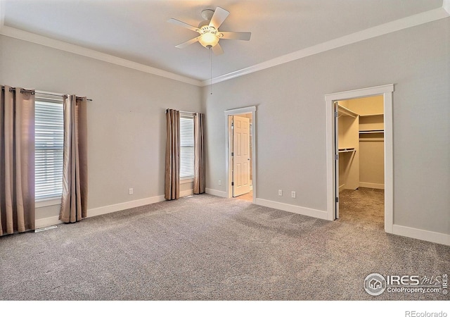 unfurnished bedroom with ornamental molding, a walk in closet, carpet flooring, and baseboards