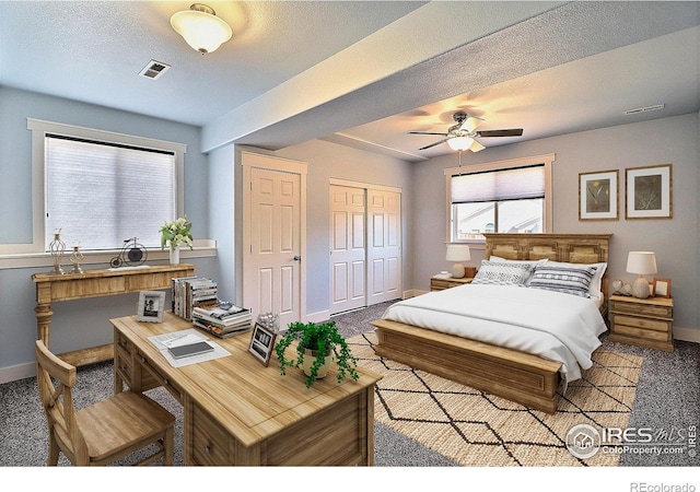 bedroom with baseboards, visible vents, a textured ceiling, and carpet flooring