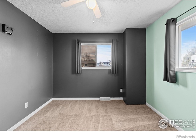 spare room featuring a textured ceiling, plenty of natural light, carpet flooring, and baseboards