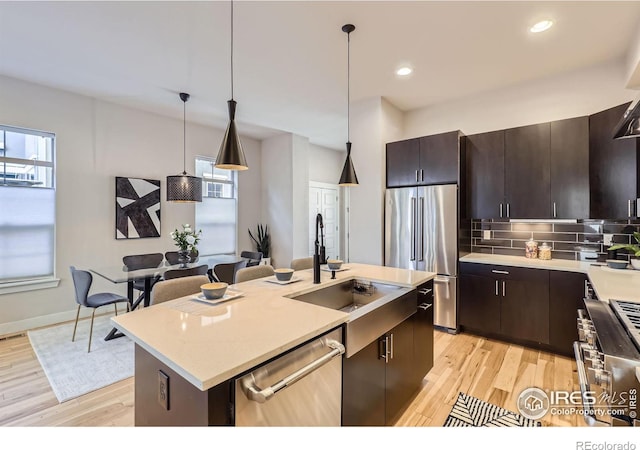 kitchen featuring light countertops, backsplash, light wood-style flooring, a sink, and high quality appliances