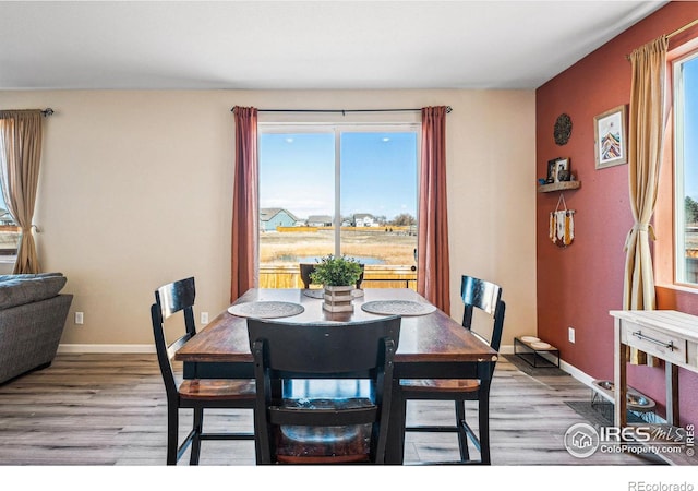 dining area featuring wood finished floors and baseboards