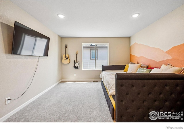 bedroom with recessed lighting, carpet, and baseboards