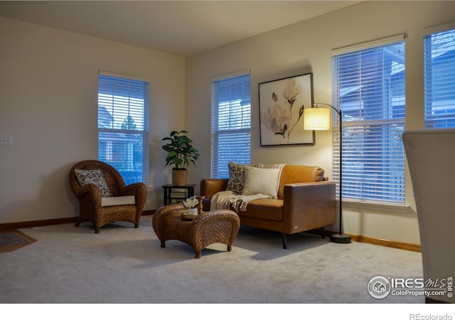 living area with plenty of natural light, baseboards, and carpet flooring