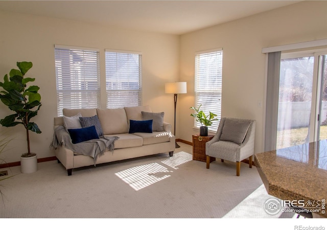 carpeted living area with a healthy amount of sunlight, visible vents, and baseboards