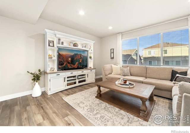 living area featuring light wood finished floors, baseboards, and recessed lighting