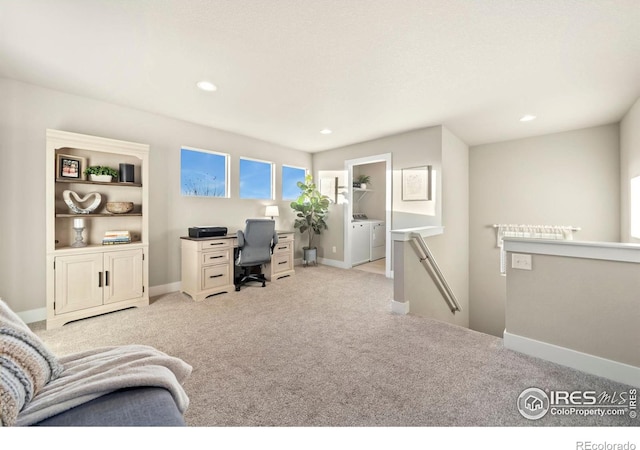 office with recessed lighting, light colored carpet, washer and clothes dryer, and baseboards