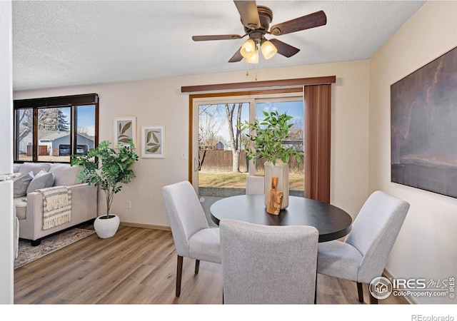 dining space featuring ceiling fan, a textured ceiling, baseboards, and wood finished floors