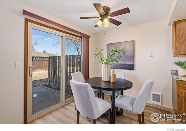 dining room with light wood-type flooring, baseboards, visible vents, and a ceiling fan