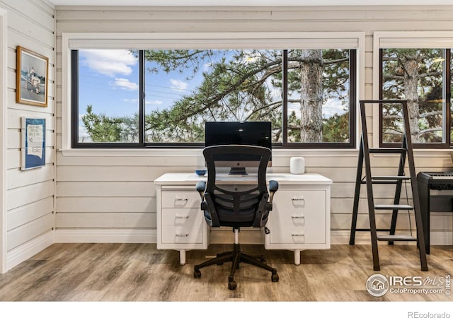 office space featuring wood walls, plenty of natural light, and wood finished floors