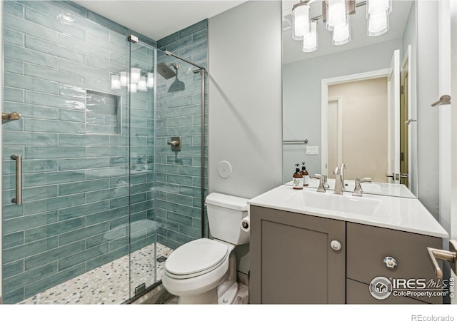 bathroom featuring toilet, a shower stall, and vanity