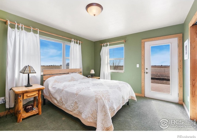 carpeted bedroom with access to outside and baseboards