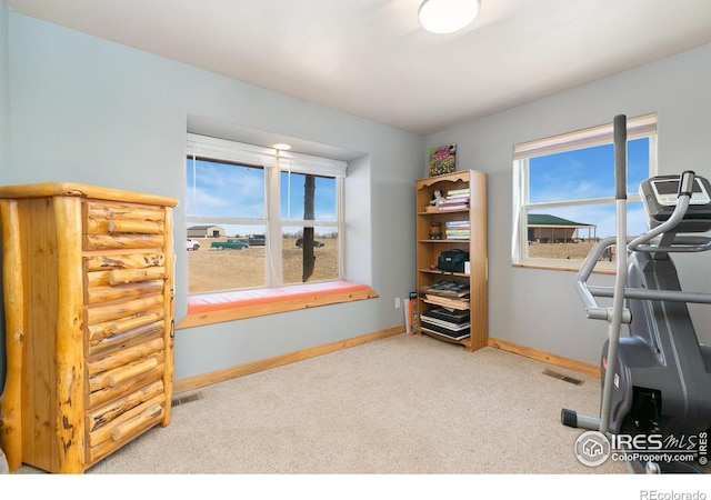 exercise area featuring carpet, visible vents, and baseboards