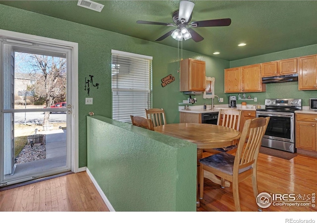 kitchen with under cabinet range hood, a sink, visible vents, stainless steel range with electric cooktop, and light wood finished floors