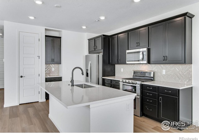 kitchen featuring appliances with stainless steel finishes, a kitchen island with sink, light wood-style floors, a sink, and recessed lighting