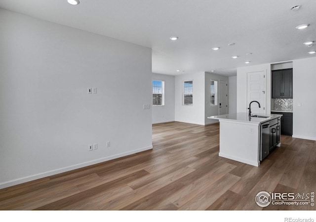 kitchen featuring tasteful backsplash, a sink, an island with sink, wood finished floors, and dishwasher