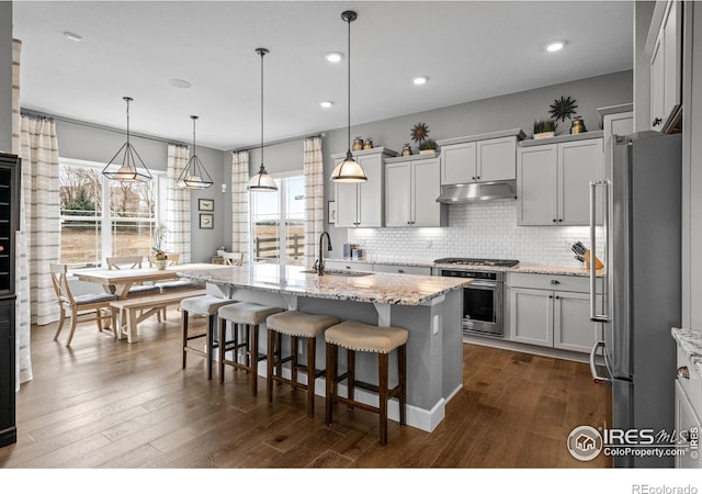 kitchen with tasteful backsplash, appliances with stainless steel finishes, a sink, and under cabinet range hood