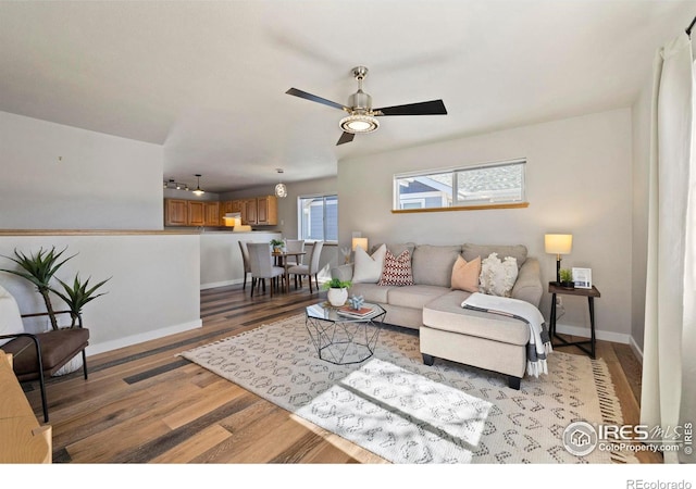 living room featuring wood finished floors, a ceiling fan, and baseboards