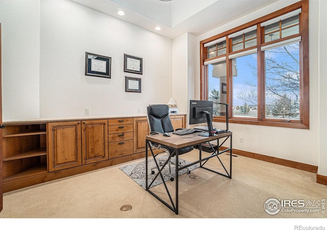 home office with recessed lighting, baseboards, and light colored carpet