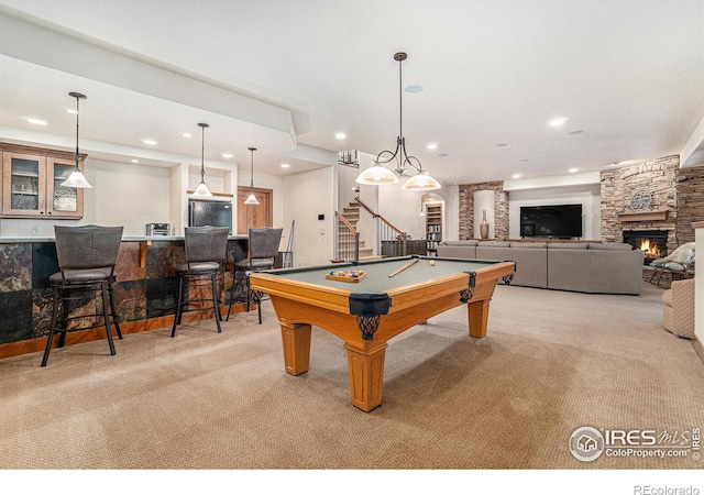 playroom with carpet floors, indoor bar, a fireplace, recessed lighting, and pool table